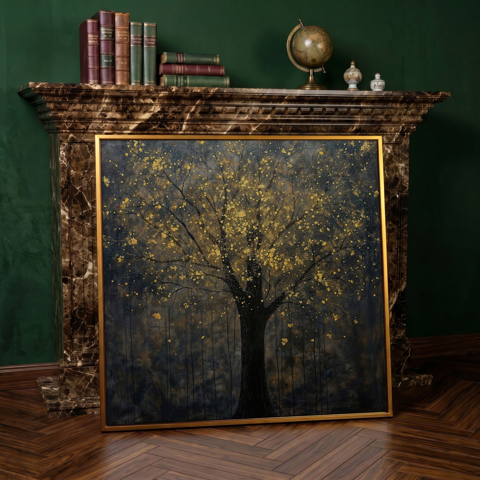 Black Tree with Golden Splash Canvas in antique gold floating frame
