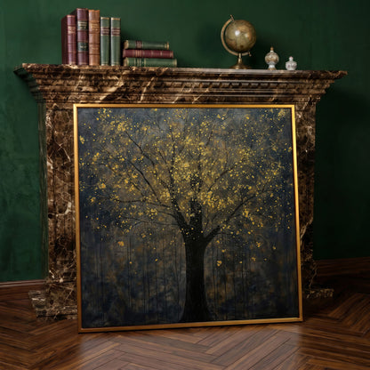 Black Tree with Golden Splash Canvas in antique gold floating frame