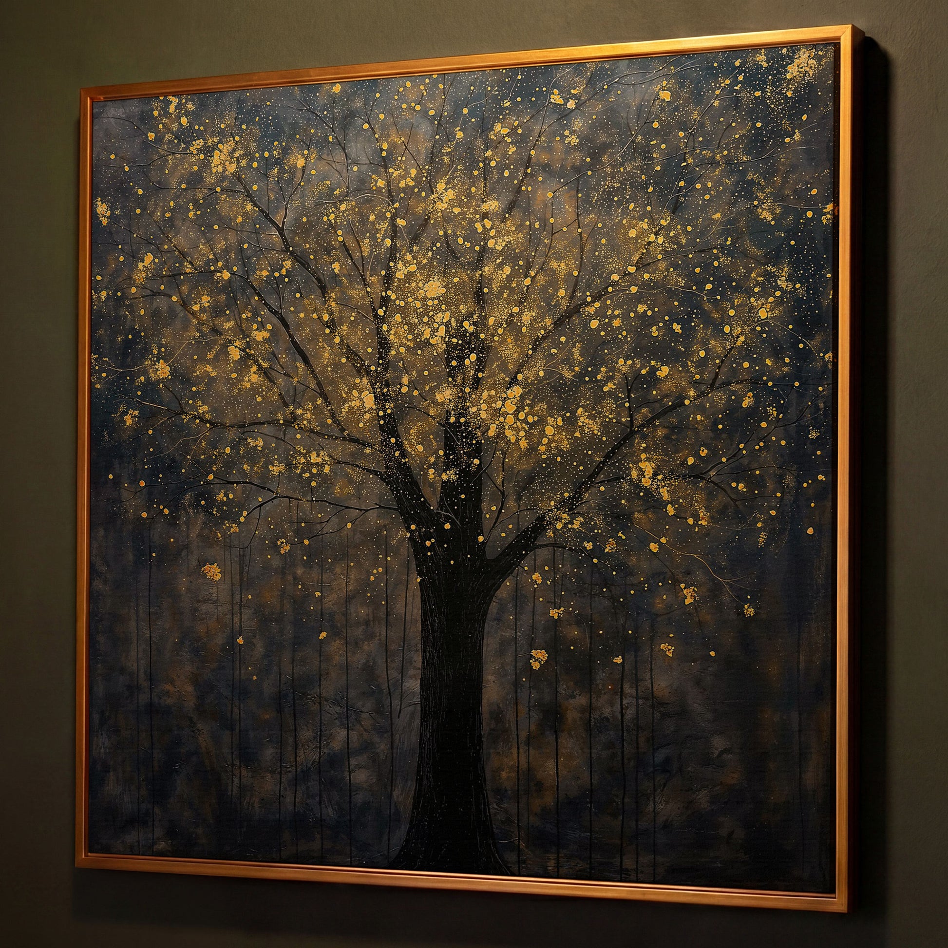 Black Tree with Golden Splash Canvas shown in antique gold floating frame
