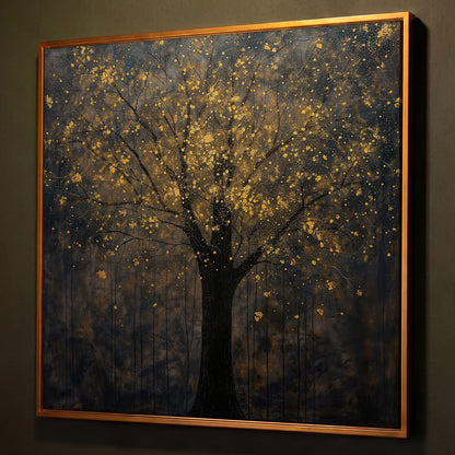 Black Tree with Golden Splash Canvas shown in antique gold floating frame