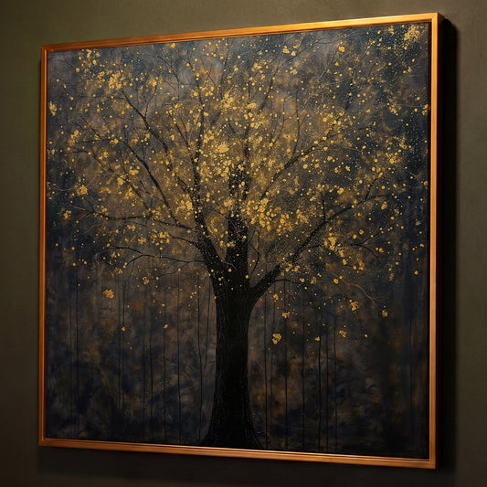 Black Tree with Golden Splash Canvas shown in antique gold floating frame