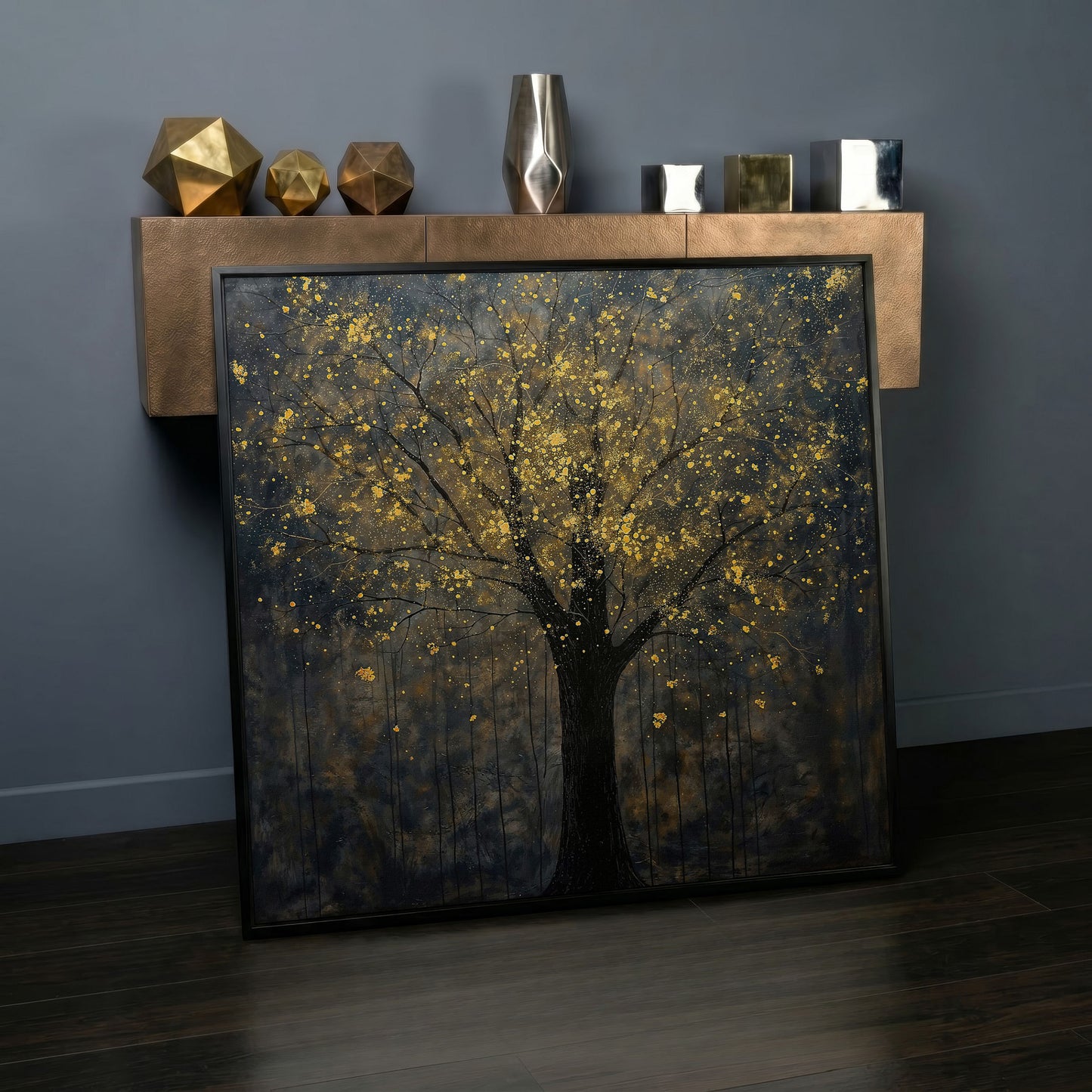 Black Tree with Golden Splash Canvas in black floating frame