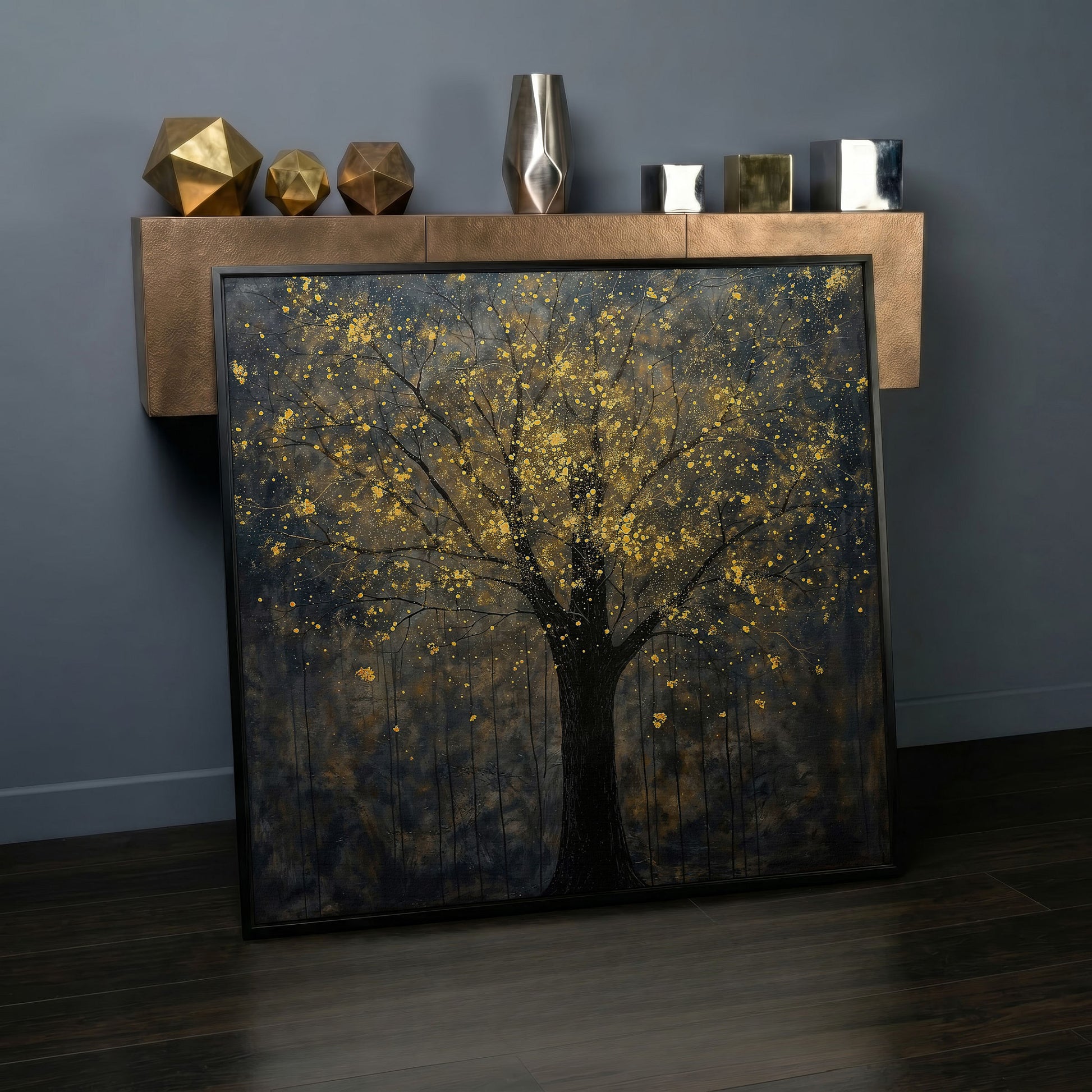 Black Tree with Golden Splash Canvas in black floating frame