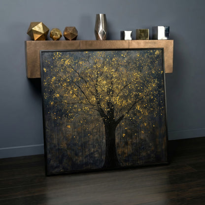Black Tree with Golden Splash Canvas in black floating frame