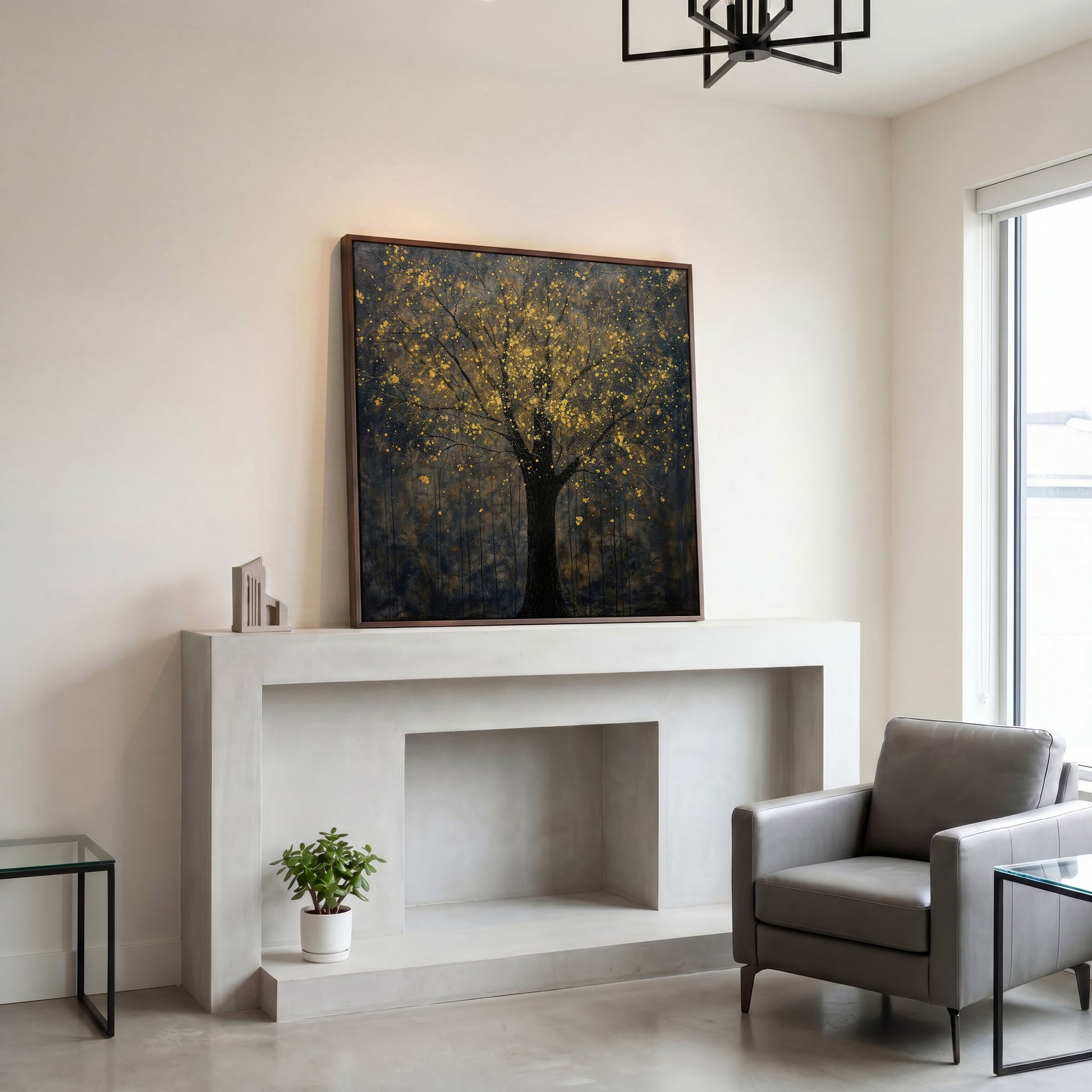Black Tree with Golden Splash Canvas in dark walnut floating frame