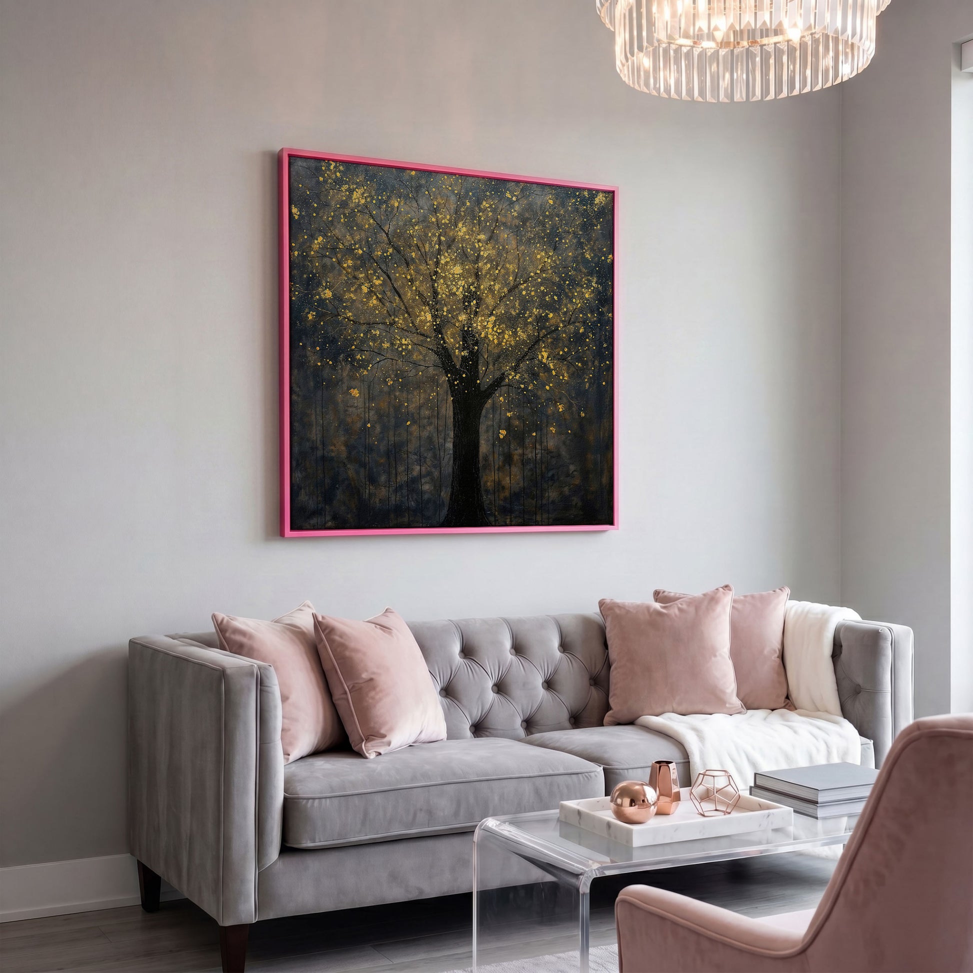 Black Tree with Golden Splash Canvas in pink floating frame