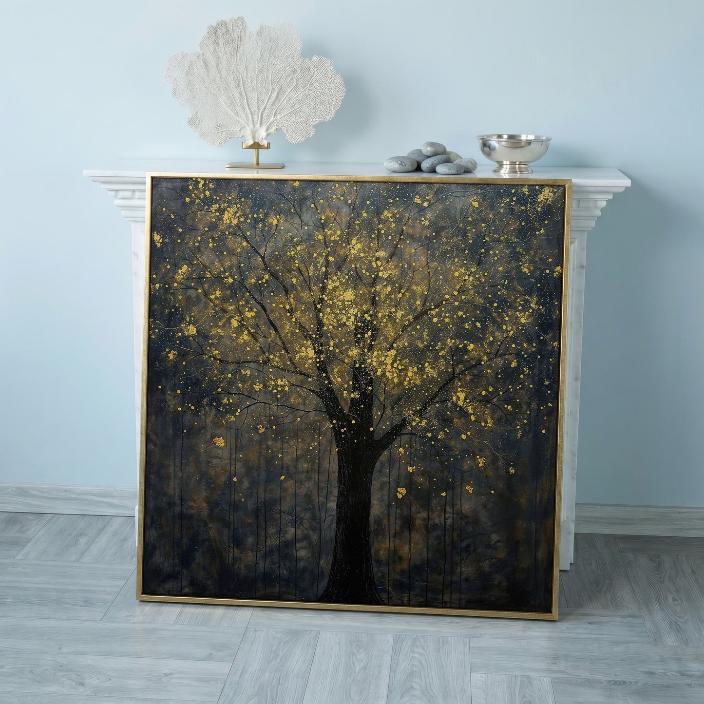 Black Tree with Golden Splash Canvas in rose gold floating frame