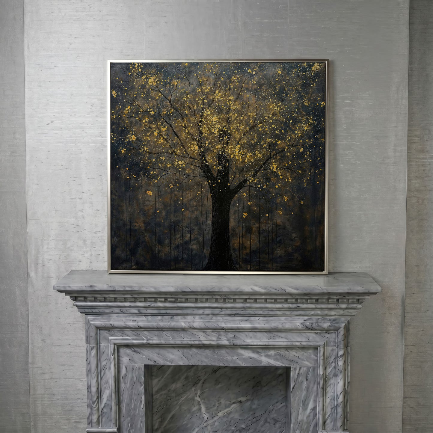 Black Tree with Golden Splash Canvas in silver floating frame