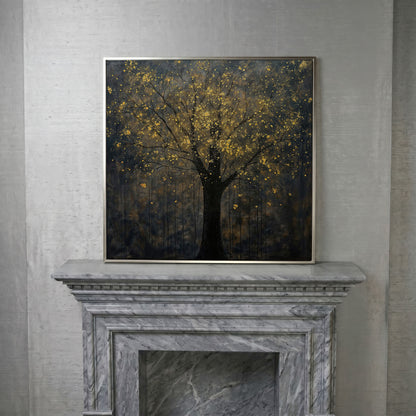 Black Tree with Golden Splash Canvas in silver floating frame