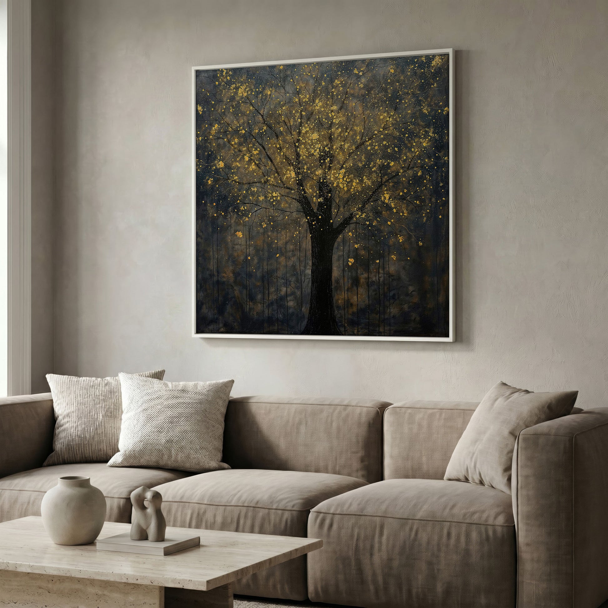 Black Tree with Golden Splash Canvas in white floating frame