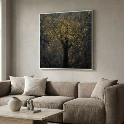 Black Tree with Golden Splash Canvas in white floating frame