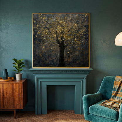 Black Tree with Golden Splash Canvas in yellow gold floating frame