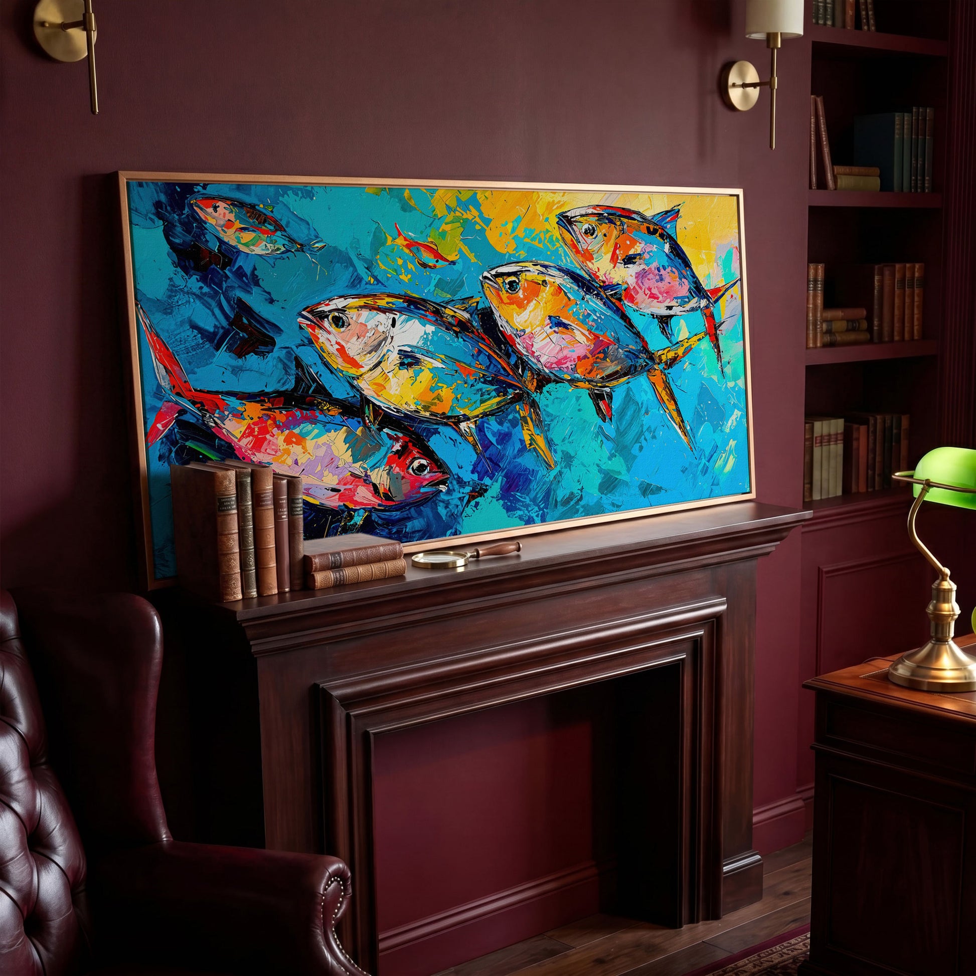 Colorful Fish Canvas Wall Art in antique gold floating frame