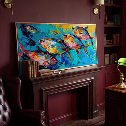 Colorful Fish Canvas Wall Art in antique gold floating frame