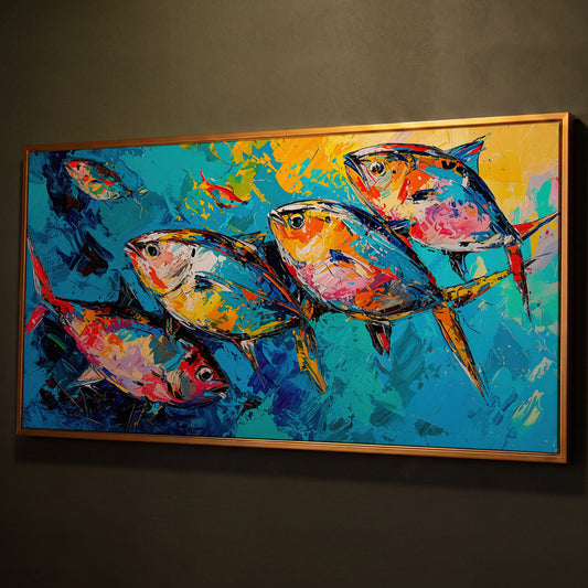 Colorful Fish Canvas Wall Art shown in antique gold floating frame