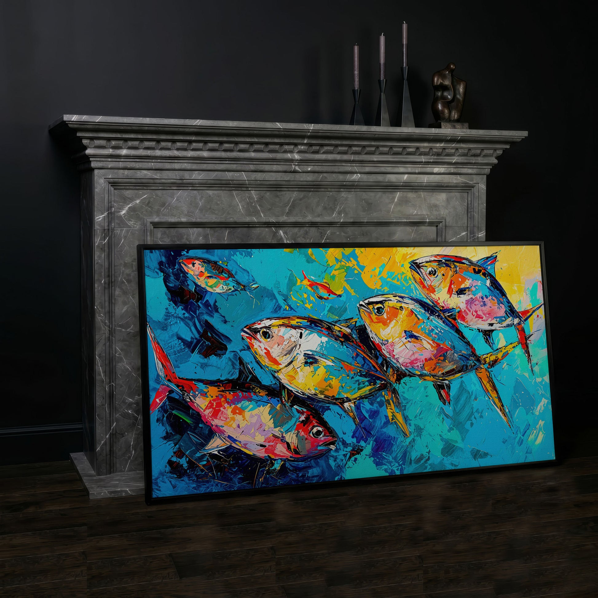 Colorful Fish Canvas Wall Art in black floating frame