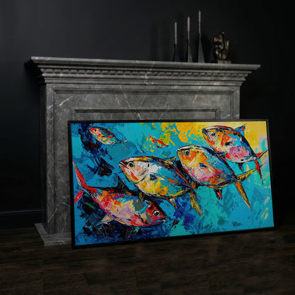 Colorful Fish Canvas Wall Art in black floating frame