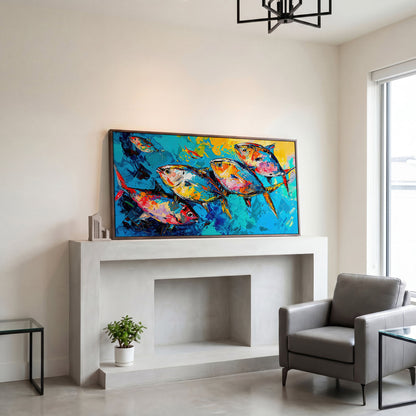 Colorful Fish Canvas Wall Art in dark walnut floating frame