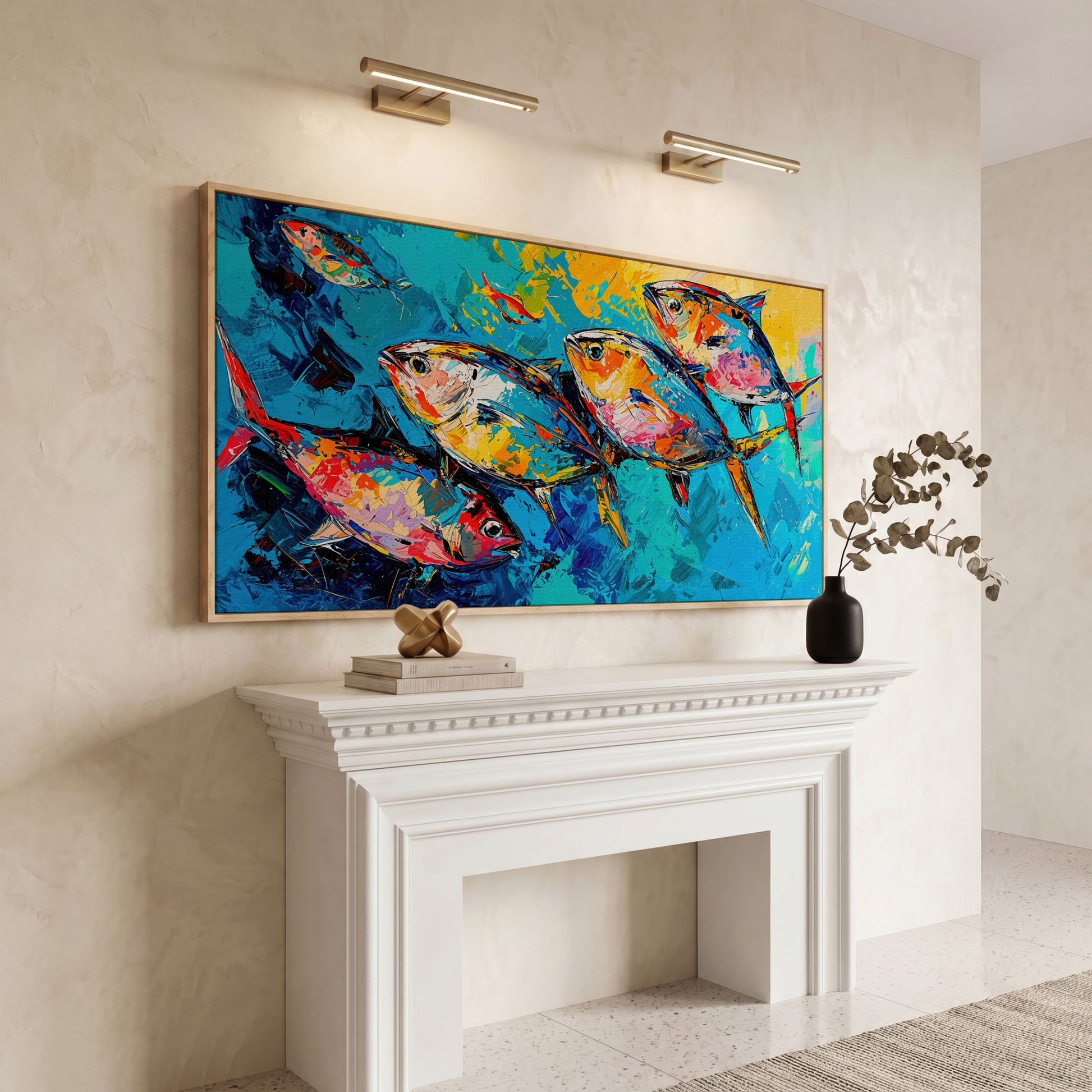 Colorful Fish Canvas Wall Art in white oak floating frame