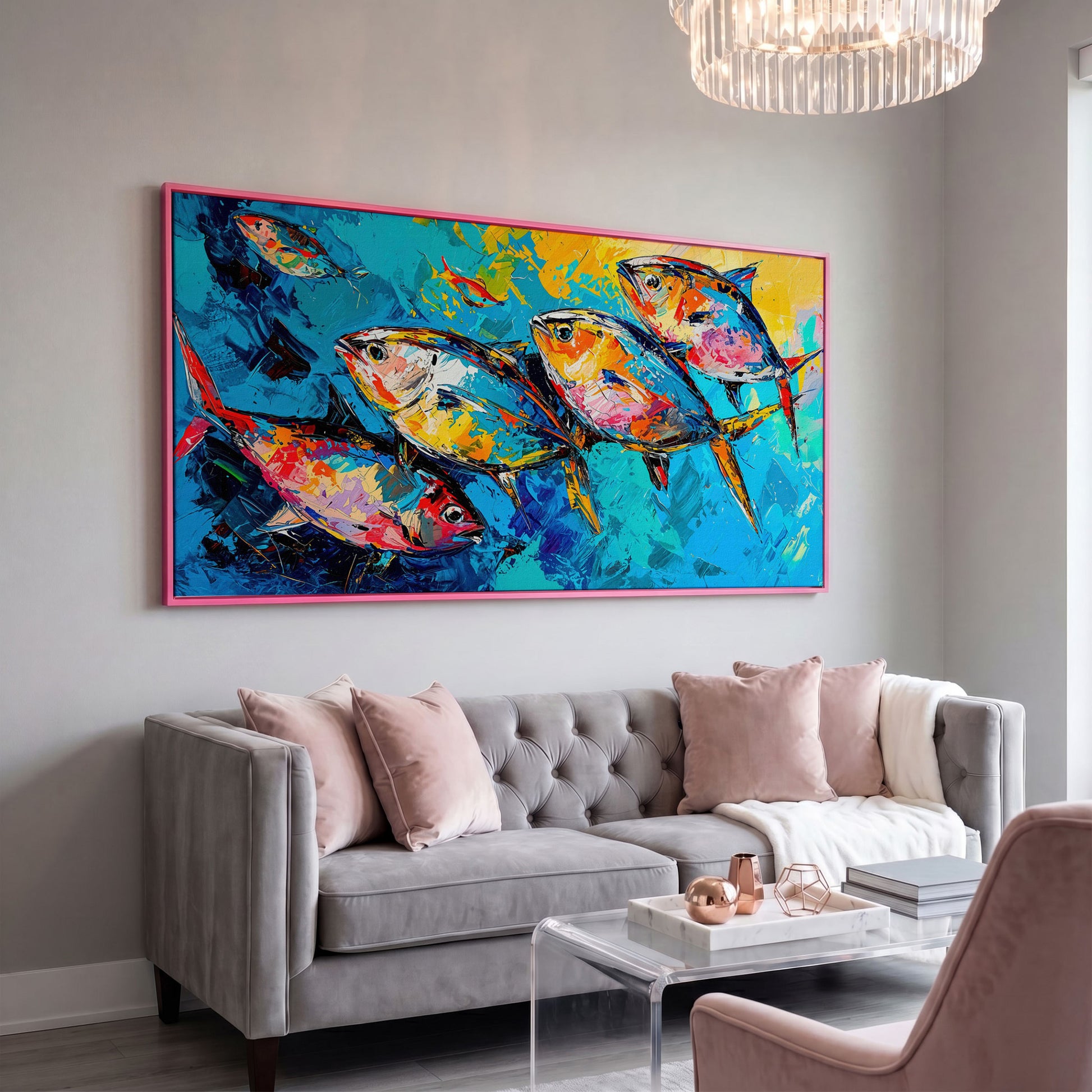 Colorful Fish Canvas Wall Art in pink floating frame