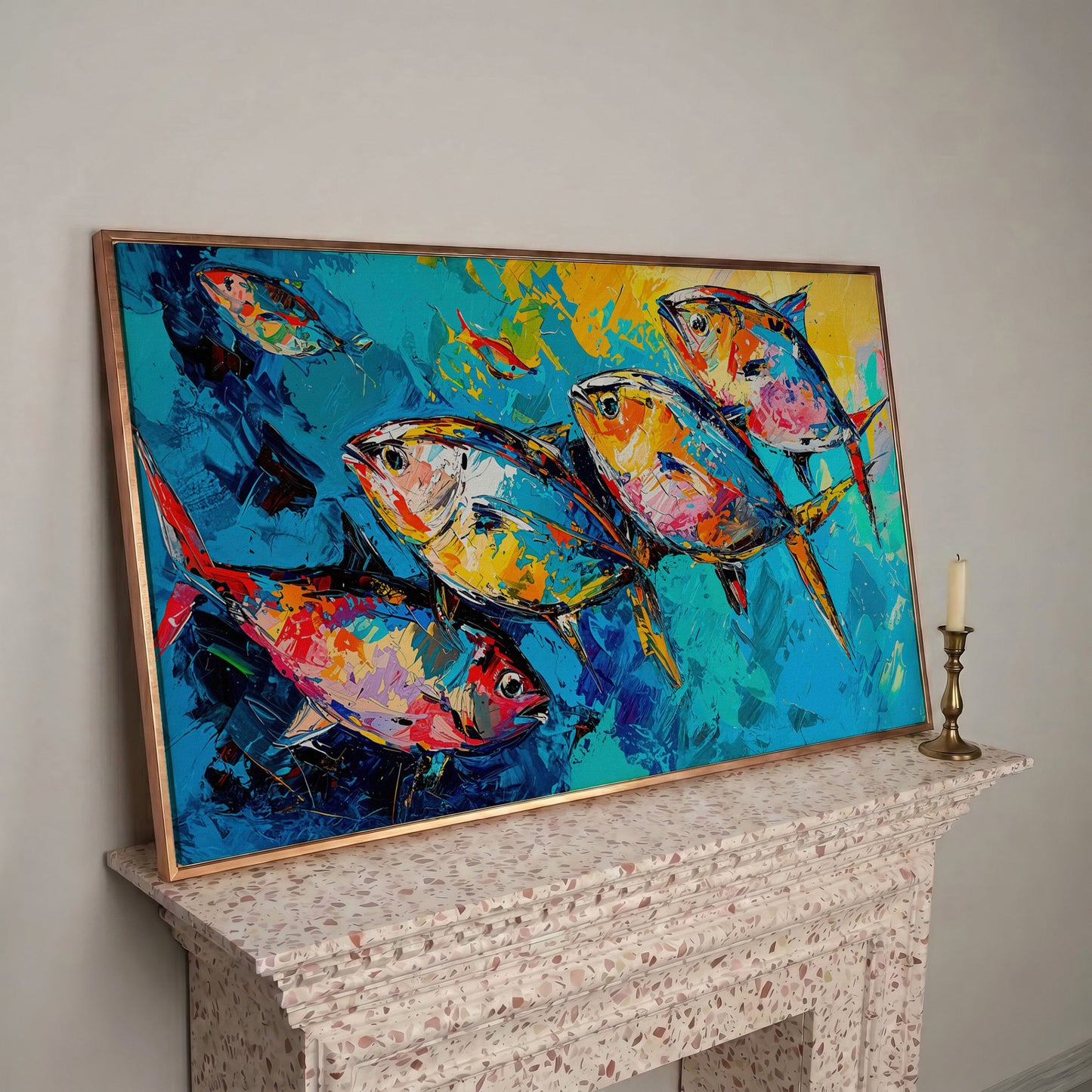 Colorful Fish Canvas Wall Art in rose gold floating frame