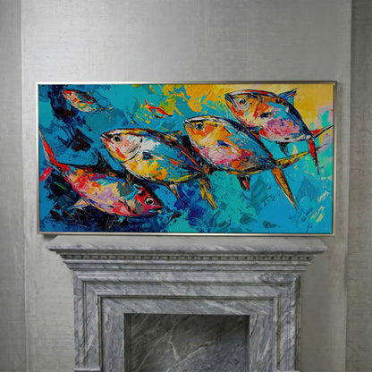 Colorful Fish Canvas Wall Art in silver floating frame