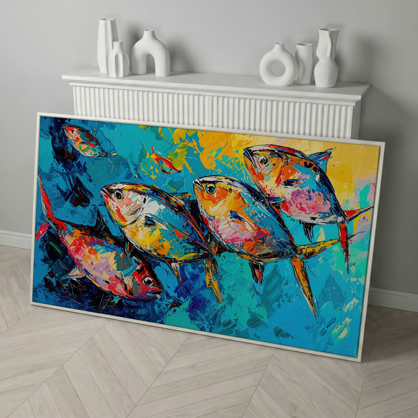 Colorful Fish Canvas Wall Art in white floating frame