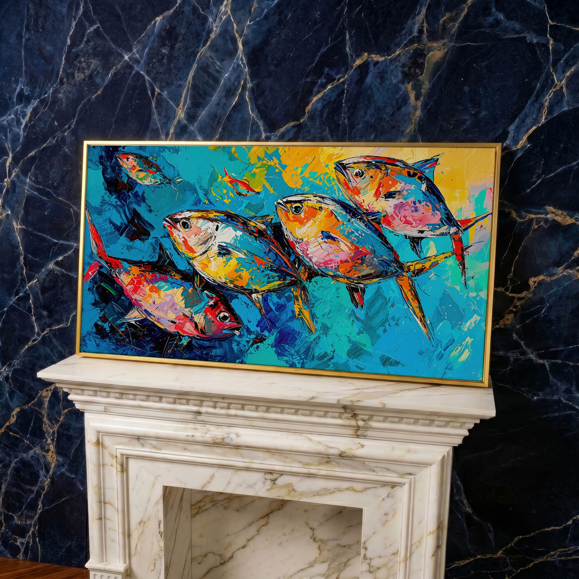 Colorful Fish Canvas Wall Art in yellow gold floating frame