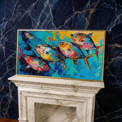 Colorful Fish Canvas Wall Art in yellow gold floating frame