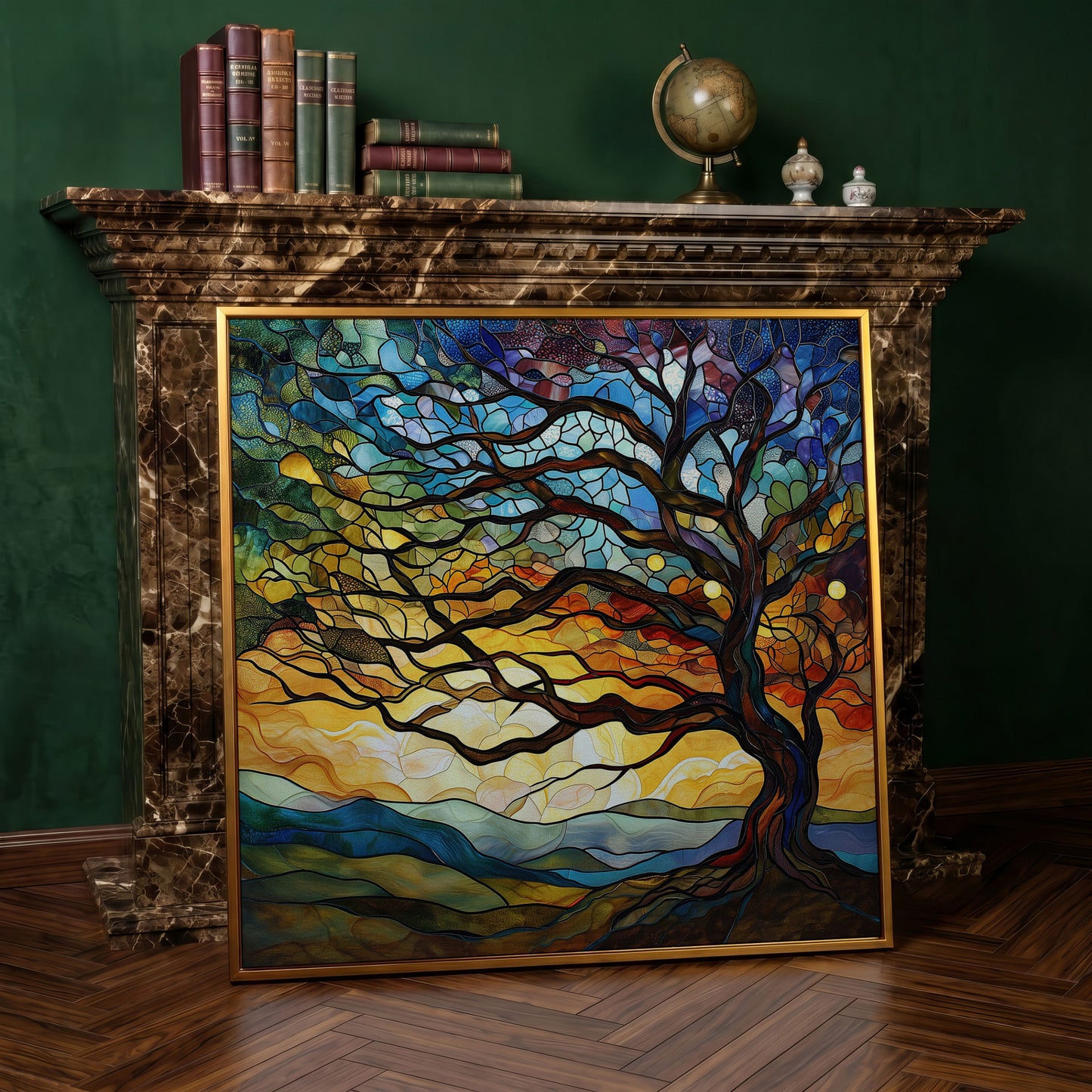 Mosaic Tree of Life Canvas Print in antique gold floating frame