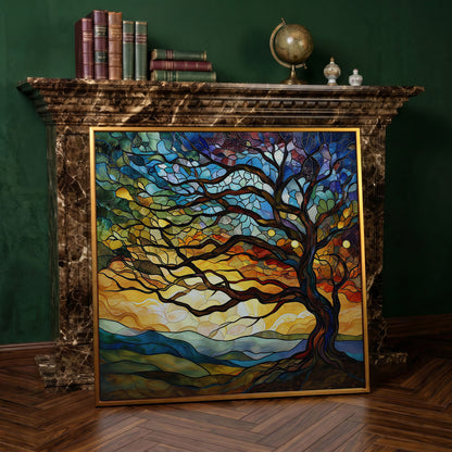 Mosaic Tree of Life Canvas Print in antique gold floating frame
