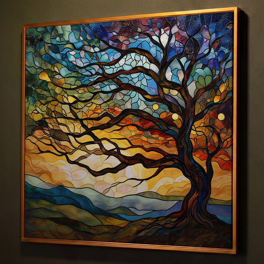 Mosaic Tree of Life Canvas Print shown in antique gold floating frame