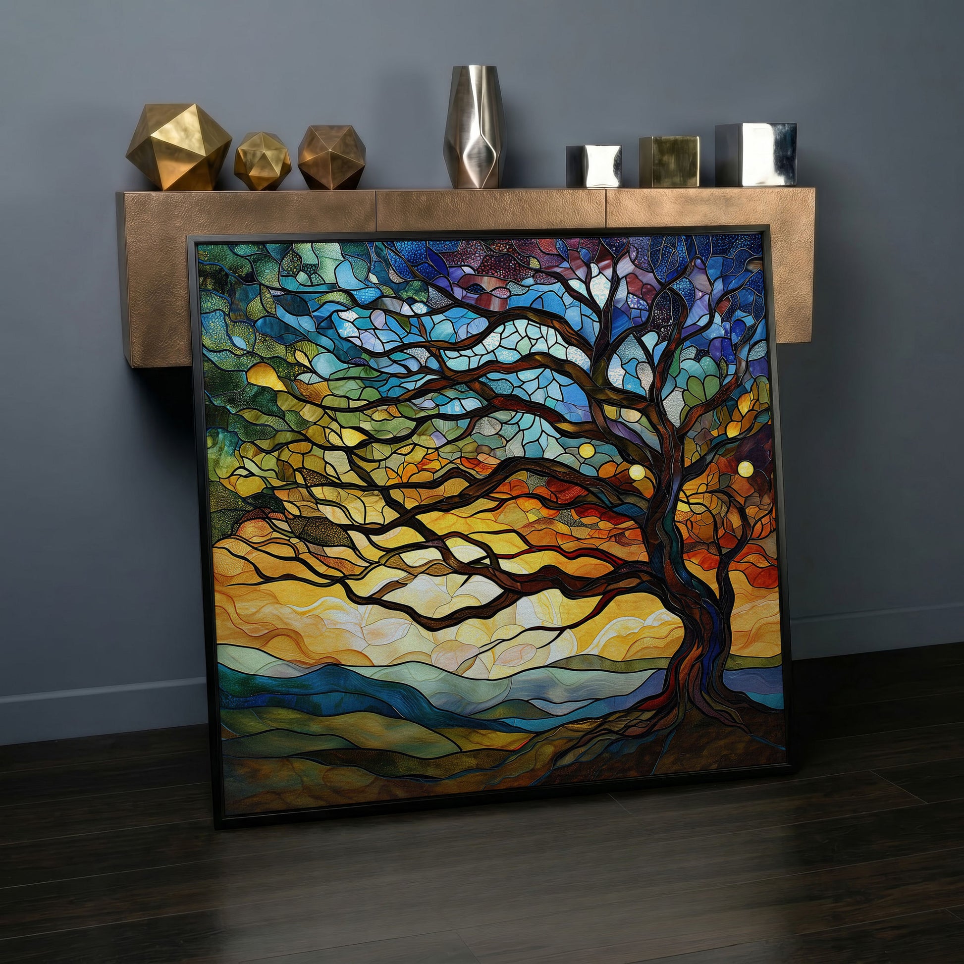 Mosaic Tree of Life Canvas Print in black floating frame