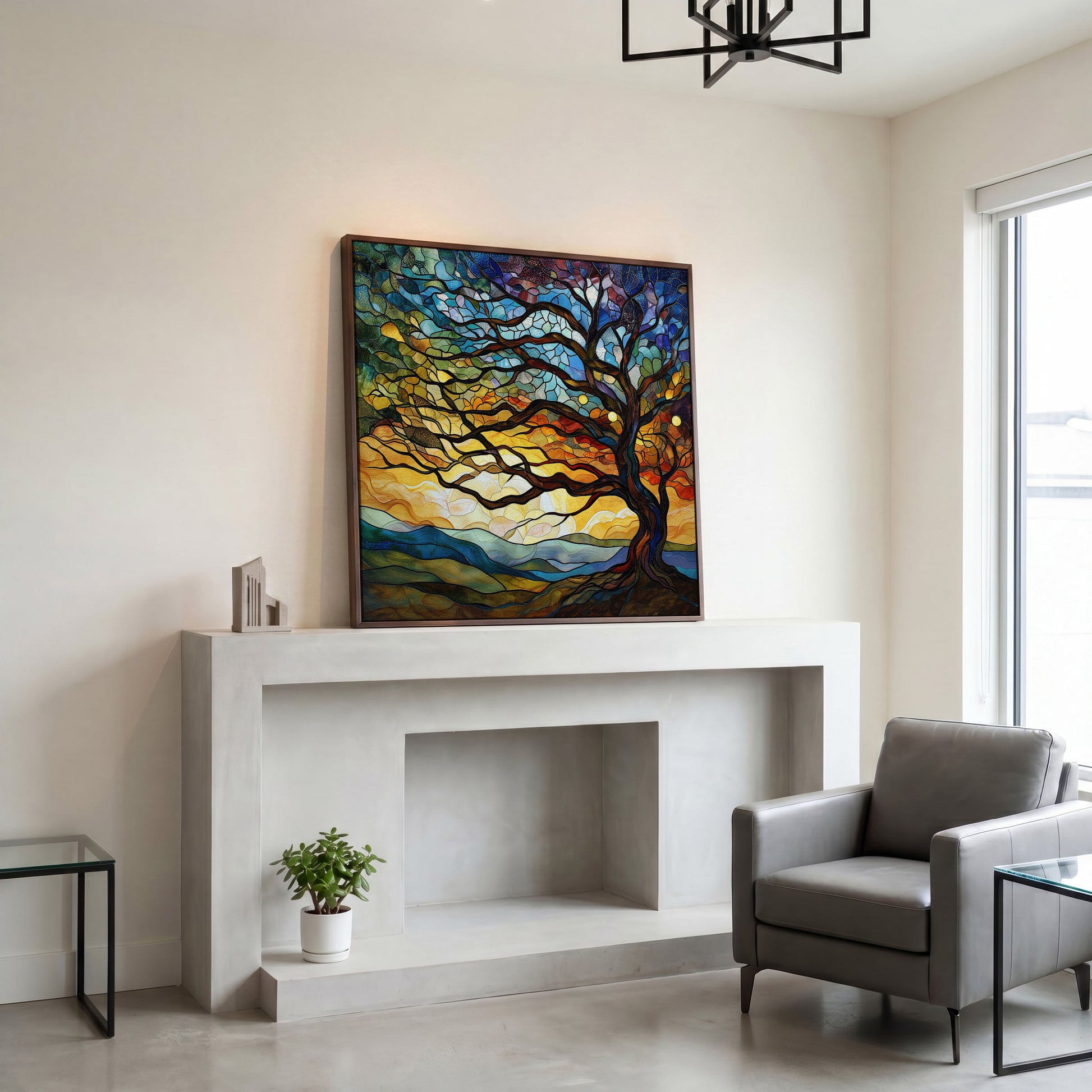 Mosaic Tree of Life Canvas Print in dark walnut floating frame