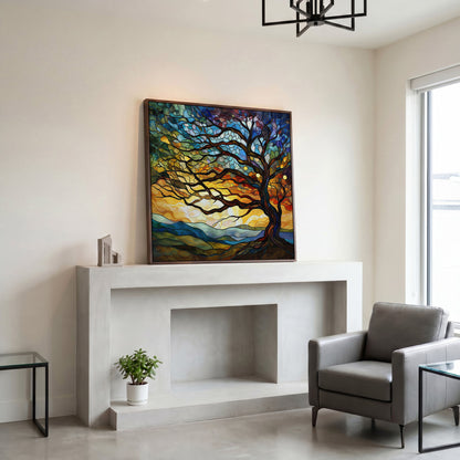 Mosaic Tree of Life Canvas Print in dark walnut floating frame