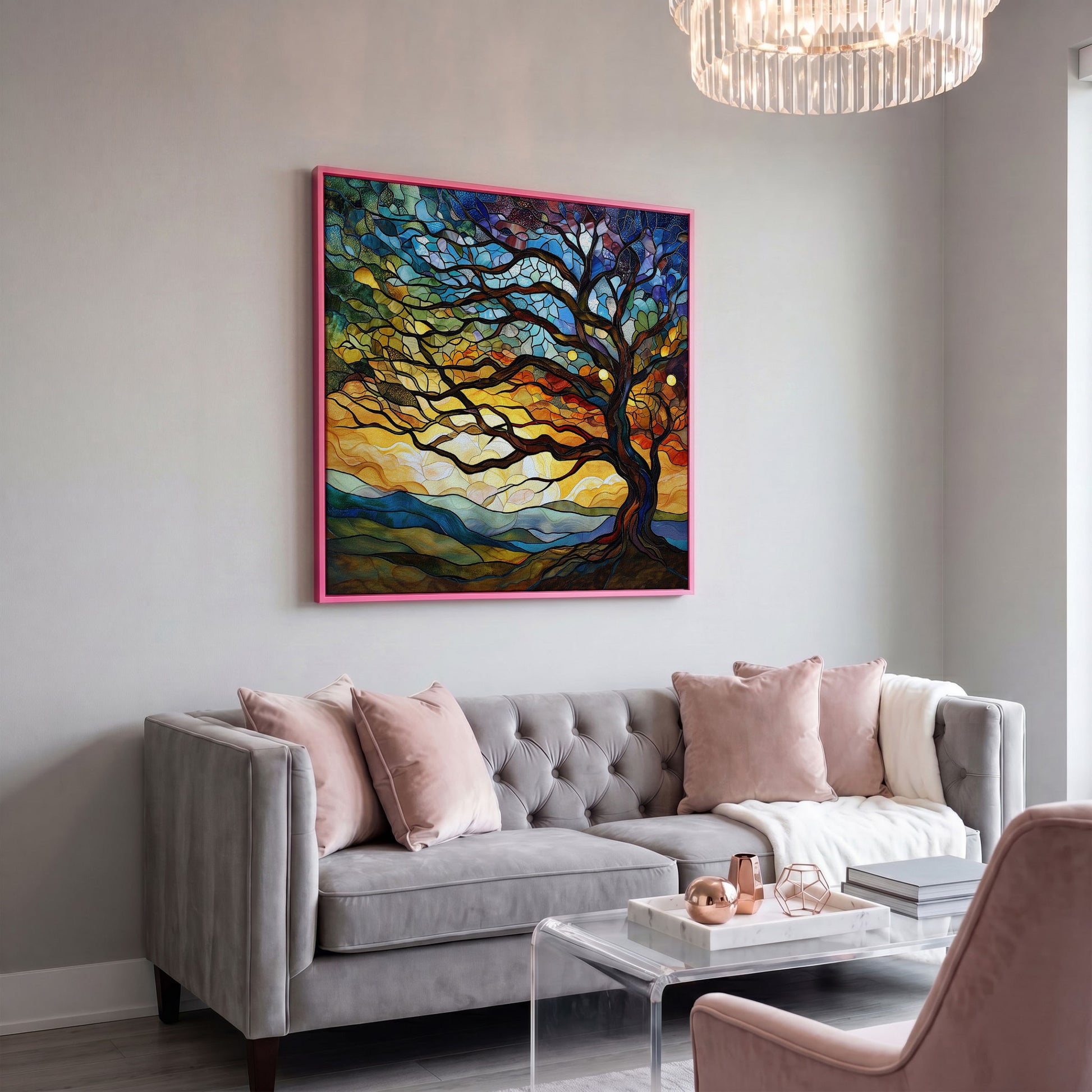 Mosaic Tree of Life Canvas Print in pink floating frame