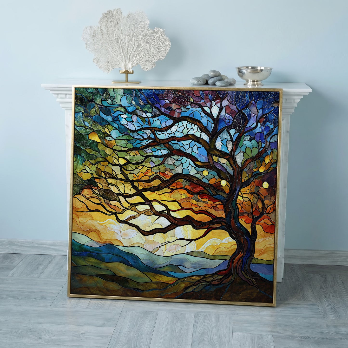 Mosaic Tree of Life Canvas Print in rose gold floating frame