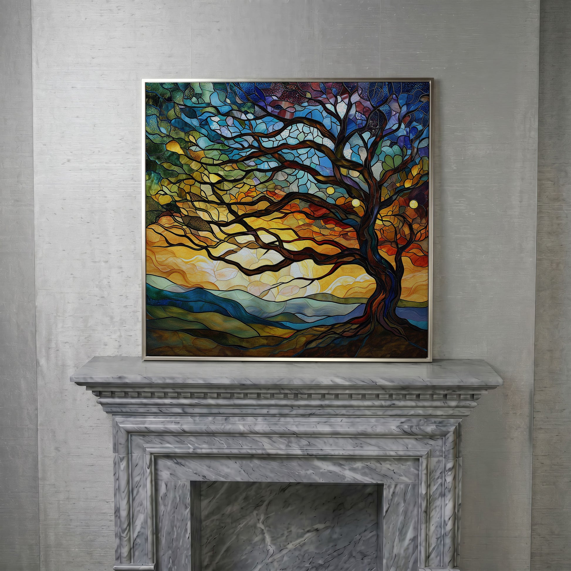 Mosaic Tree of Life Canvas Print in silver floating frame