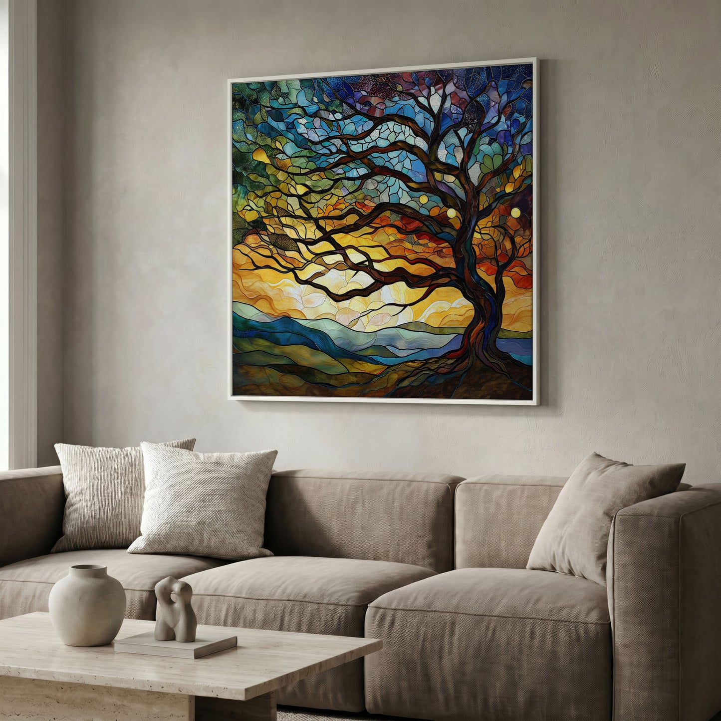 Mosaic Tree of Life Canvas Print in white floating frame