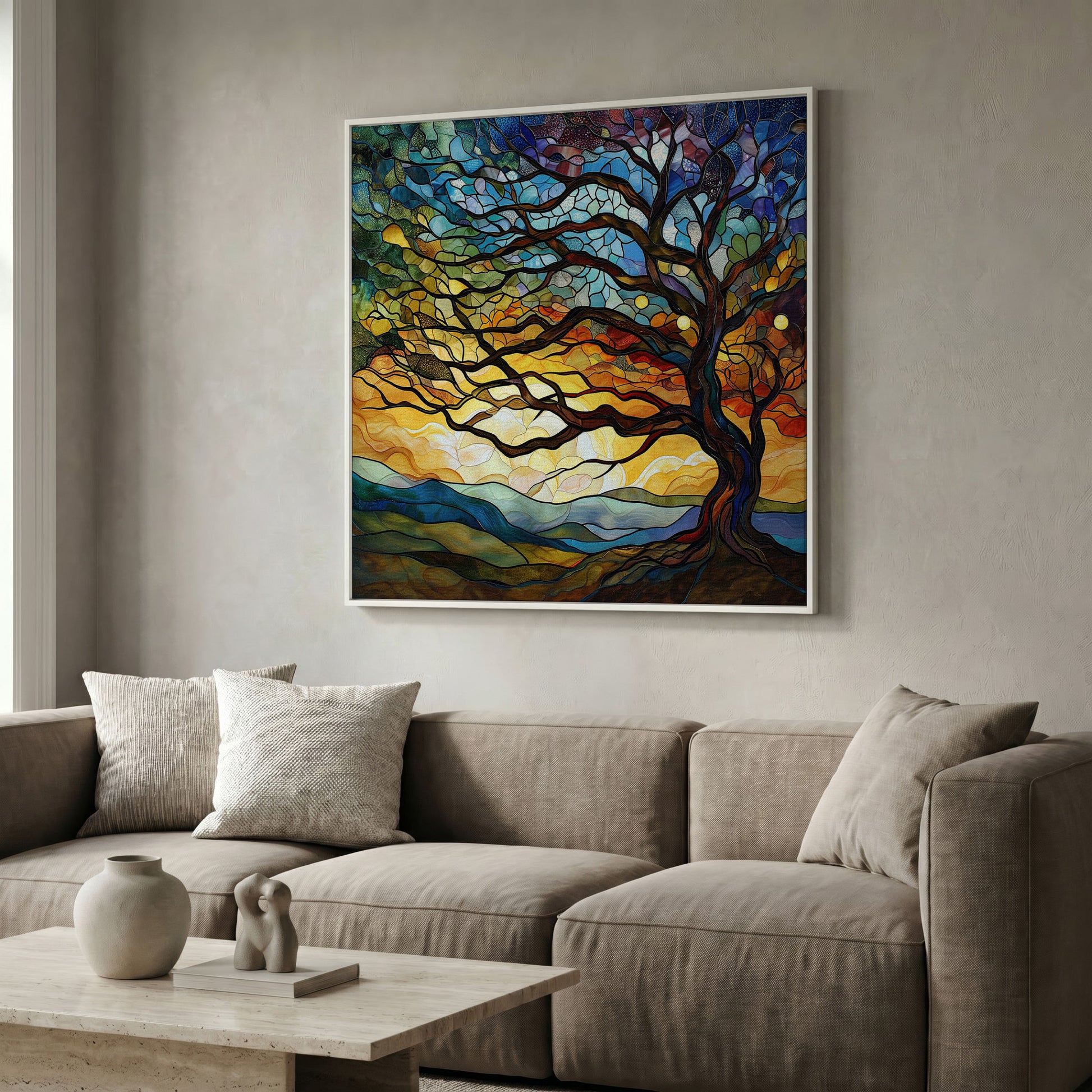 Mosaic Tree of Life Canvas Print in white floating frame