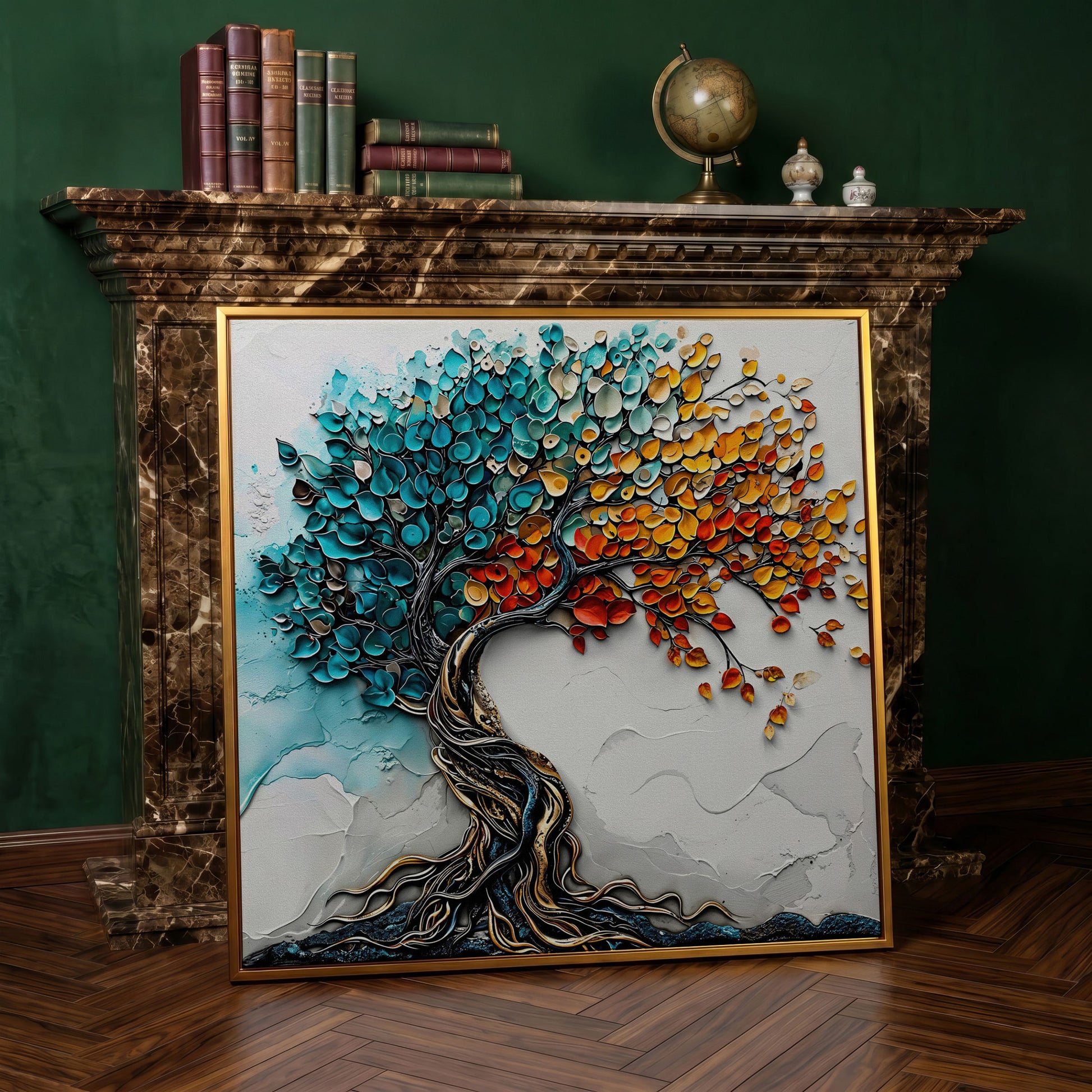 Seasonal Tree of Life Canvas in antique gold floating frame
