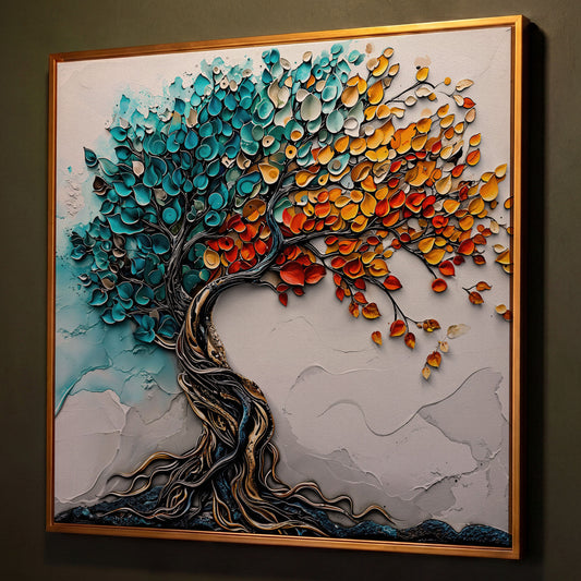 Seasonal Tree of Life Canvas shown in antique gold floating frame