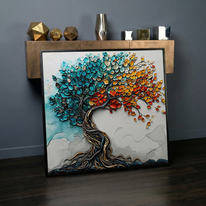 Seasonal Tree of Life Canvas in black floating frame