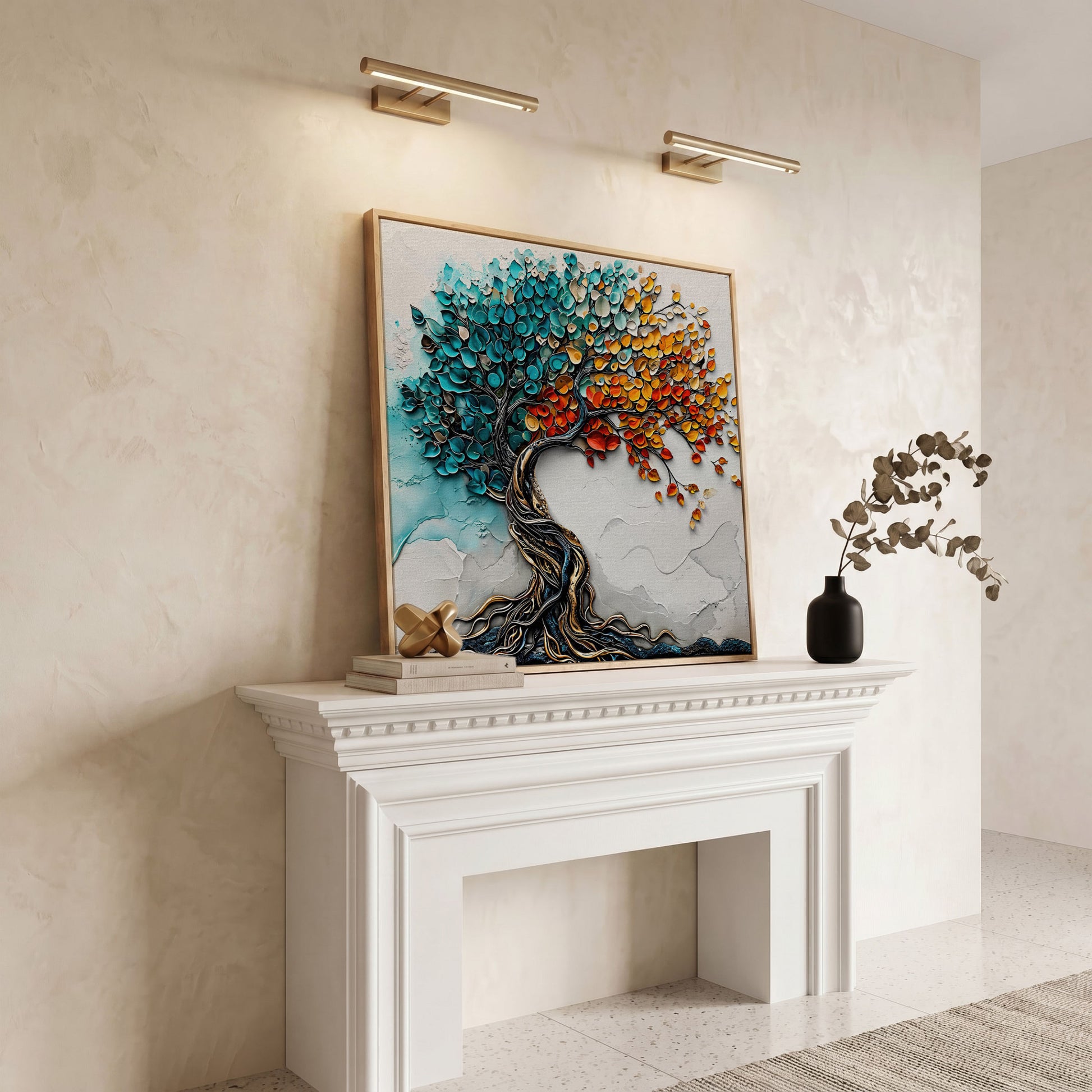 Seasonal Tree of Life Canvas in white oak floating frame