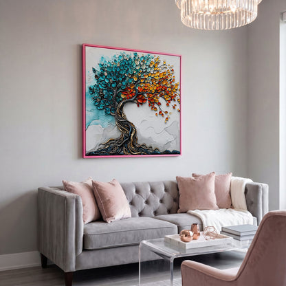 Seasonal Tree of Life Canvas in pink floating frame