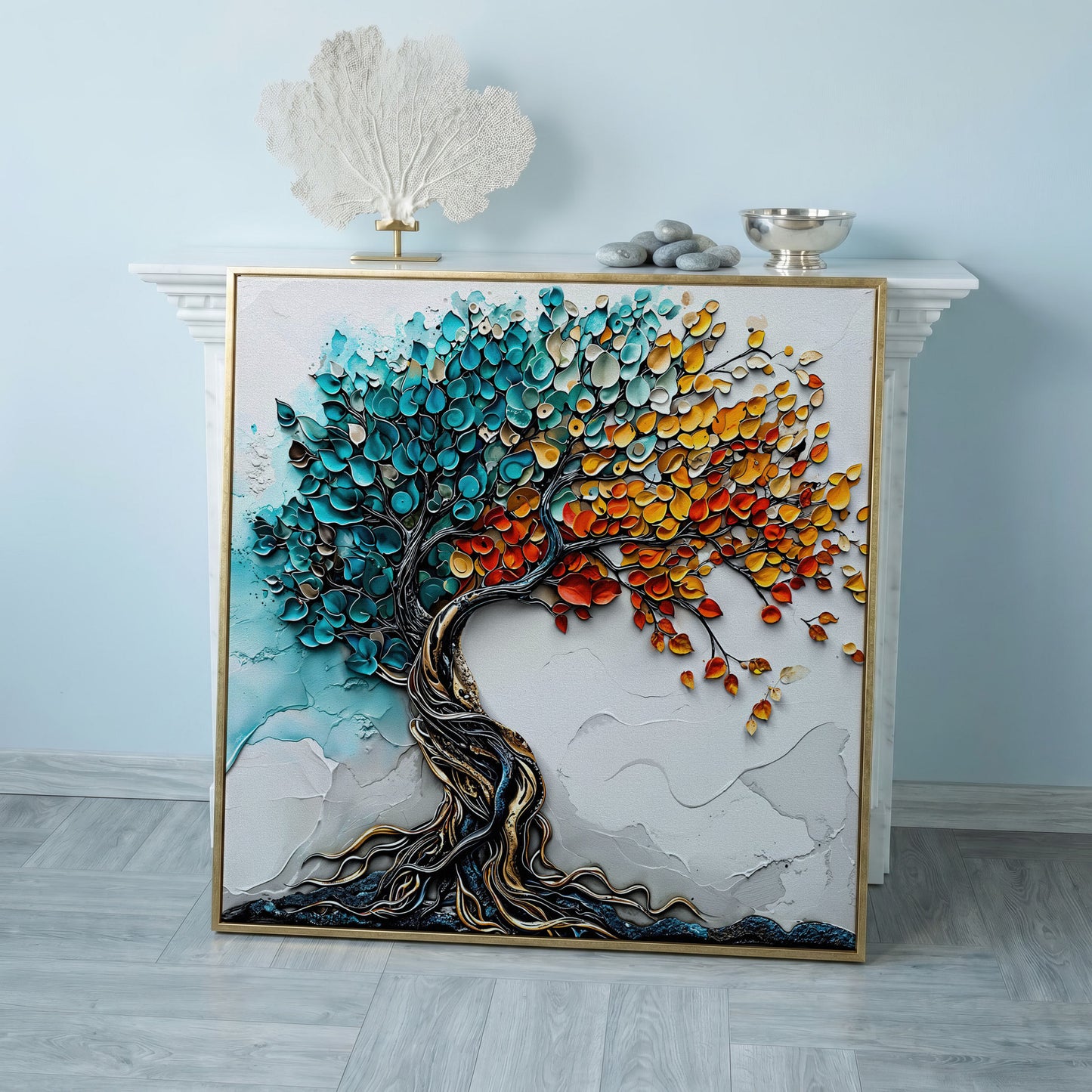 Seasonal Tree of Life Canvas in rose gold floating frame