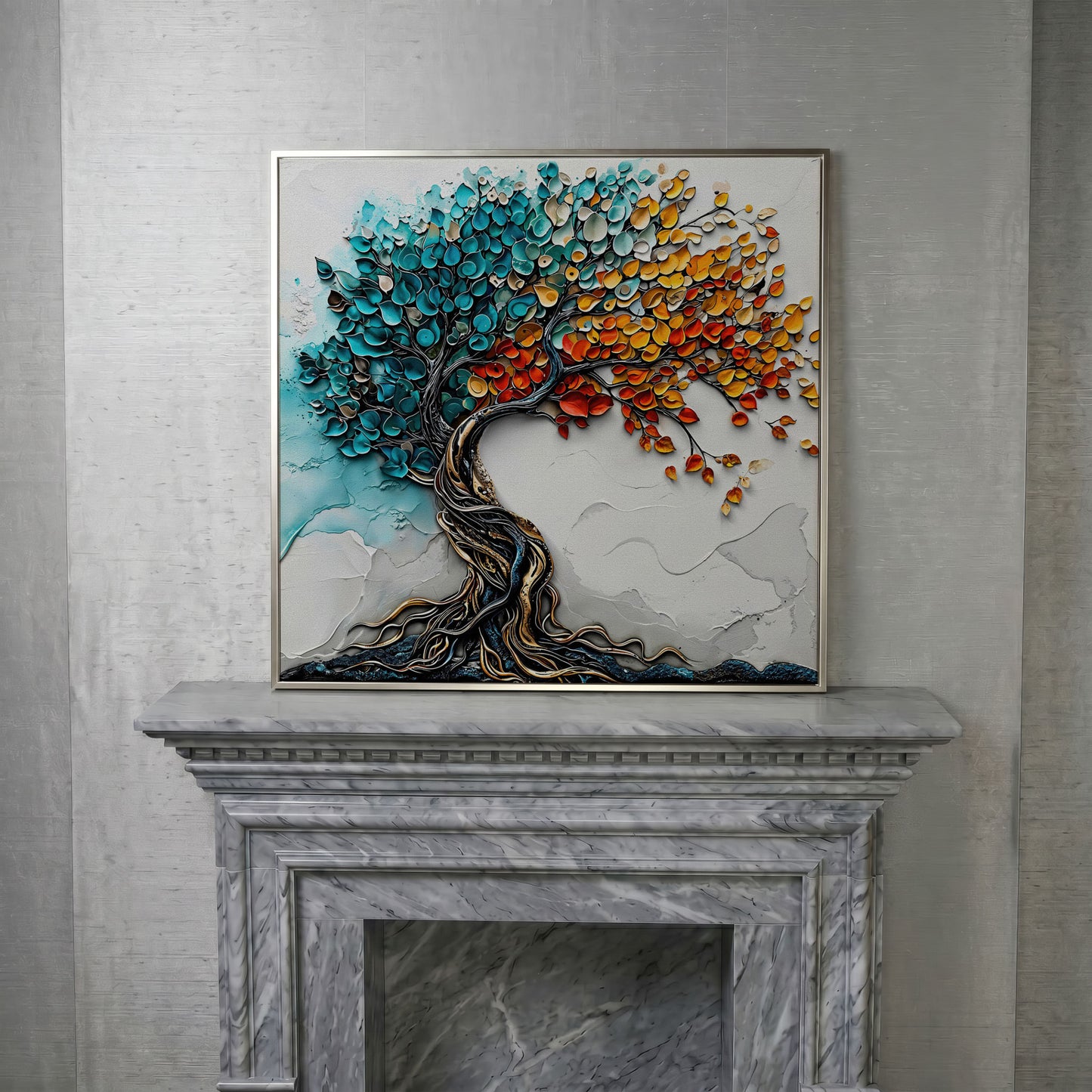 Seasonal Tree of Life Canvas in silver floating frame