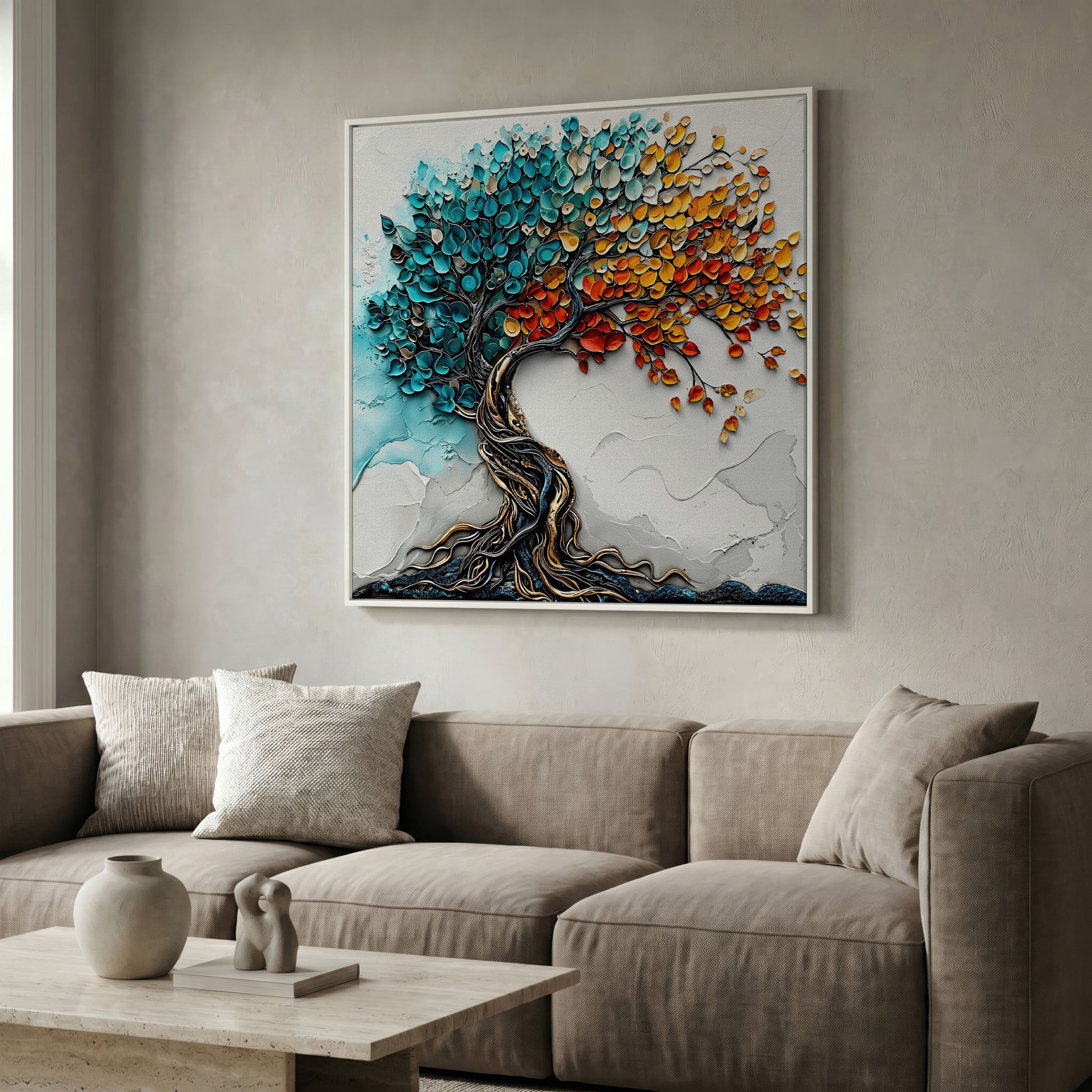 Seasonal Tree of Life Canvas in white floating frame