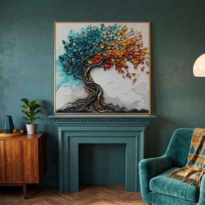 Seasonal Tree of Life Canvas in yellow gold floating frame