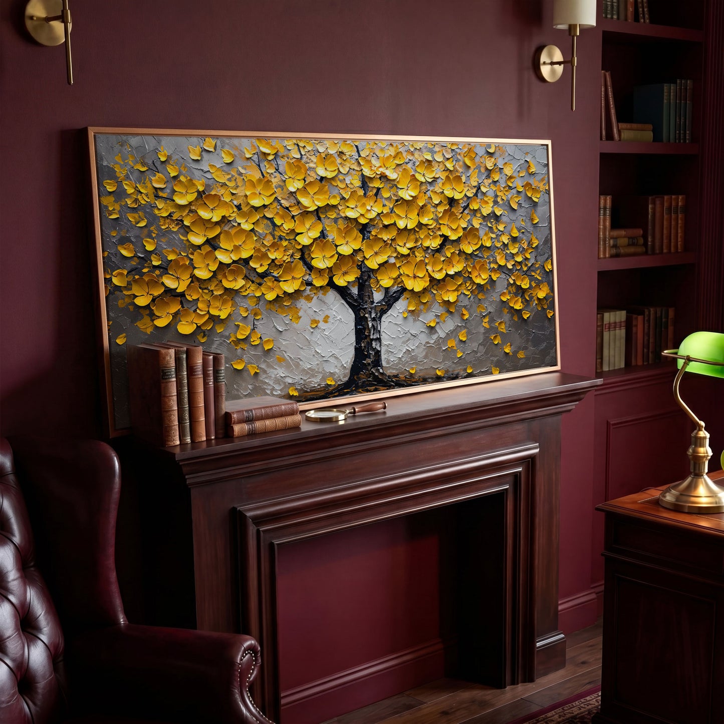 Yellow Blossom Tree of Life Canvas in antique gold floating frame
